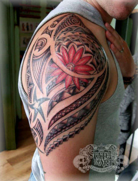 Maoriwithcolourflowerhalfsleevetattoo105191jpg maori sleeves