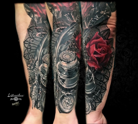 Feder-Tattoo: Tintenglas - Feder - Rose 