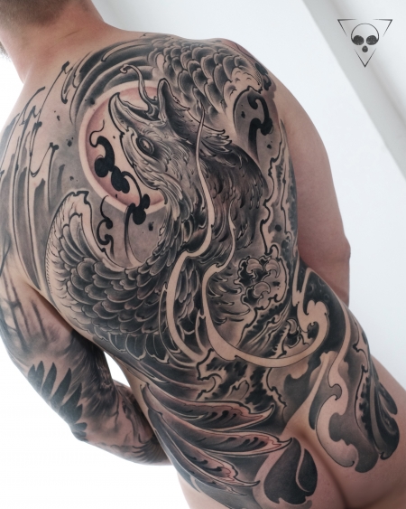 Sterne-Tattoo: Phönix backpiece
