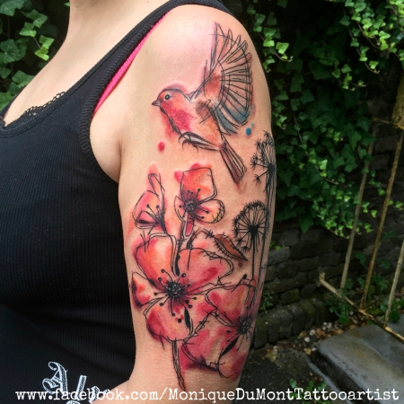 Scribble/Watercolor poppies, dandelion, bird