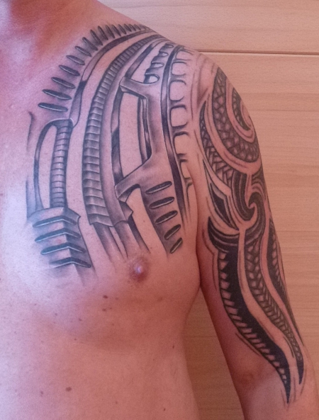 Jetzt noch mal ein Gesamtbild im abgeheilten Zustand wobei das Tattoo auf der Brust im Vordergrund steht, da es neu ist.