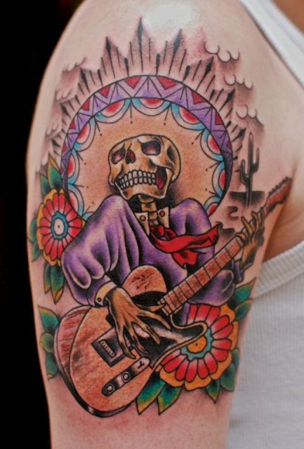 gitarre-Tattoo: Totenkopf mit Gitarre 