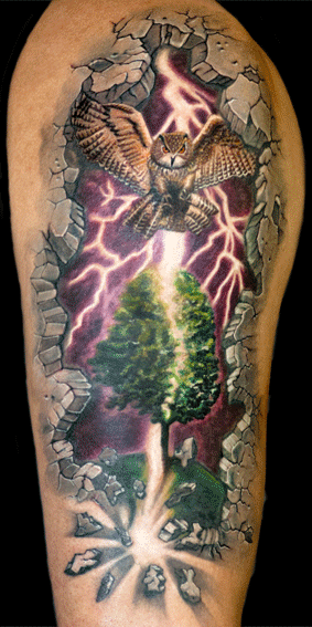 stern-Tattoo: Eule, Gewitter und Natur