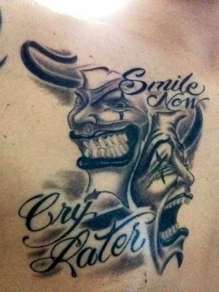 two face woman smile now cry later tattoo two face woman smile now cry later tattoo