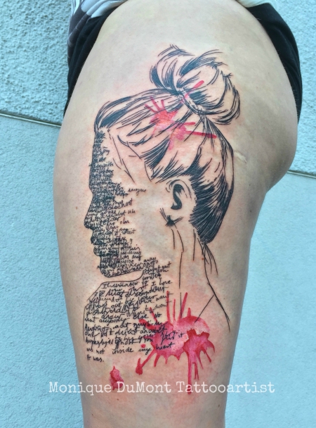 scribble/sketchy fashion abstract portrait, minimal tattoo, script, watercolor