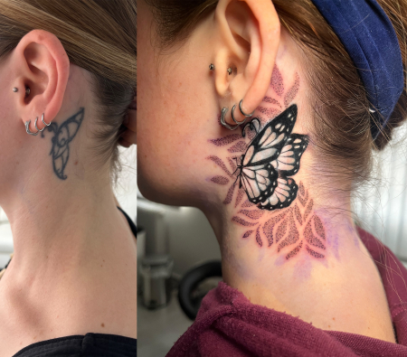 cover up berlin: Cover Up Berlin Tattoo Schmetterling zu richtigem Schmetterling + Dots coverup berlin