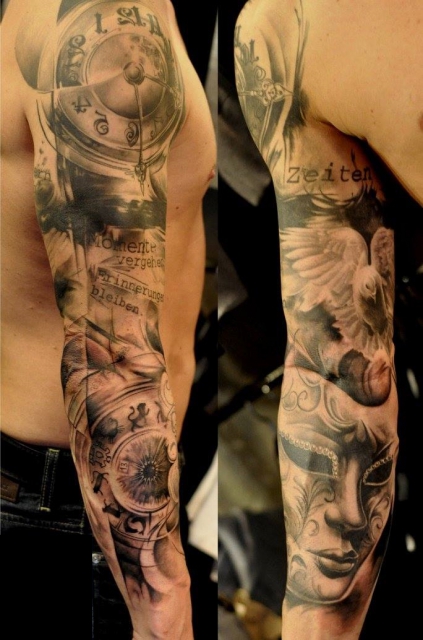 #coverup #arm #sleeve #uhr #spiegelverkehrt #taube # maske #sternbilduhr #tamifleschhuttattoo