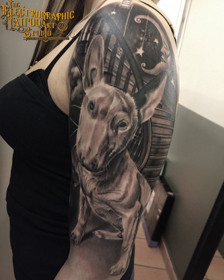 Bull terrier erinnerung tattoo von Lajos T. Electrographic tattoo Rosenheim