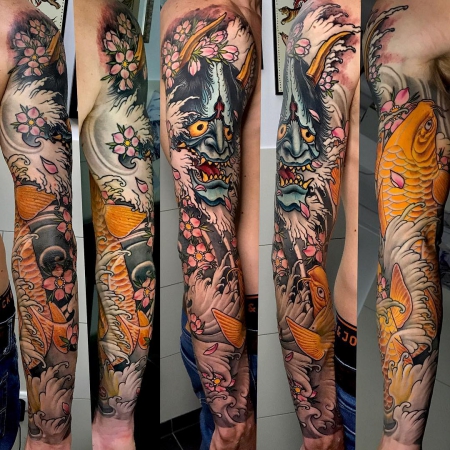 Neo-Japanese Sleeve, Kois and Hannya Mask