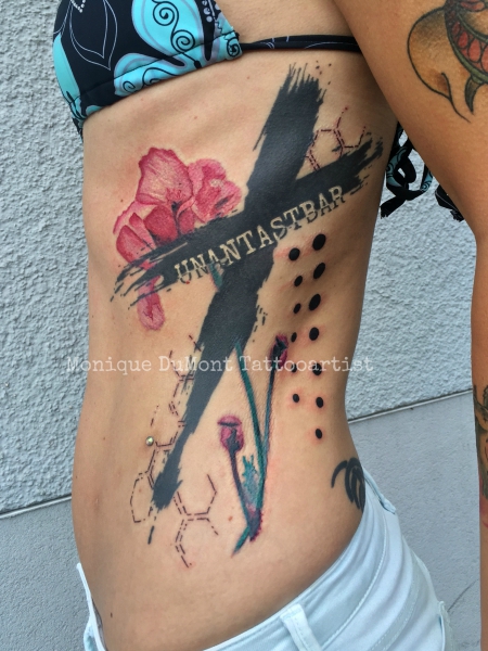 mixedmedia tattoo, poppy watercolor, cross brush, halftones, honeycombs