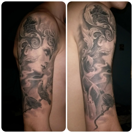 Portrait mit Spatzen, Kerzen und floralen Ornamenten