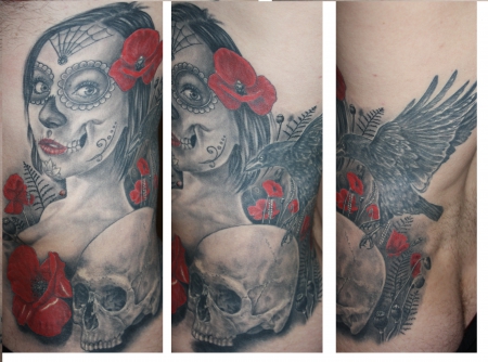 La Catrina Skull and Raven with red Poppy