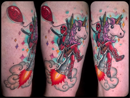 Deadpool on rocket-powered unicorn