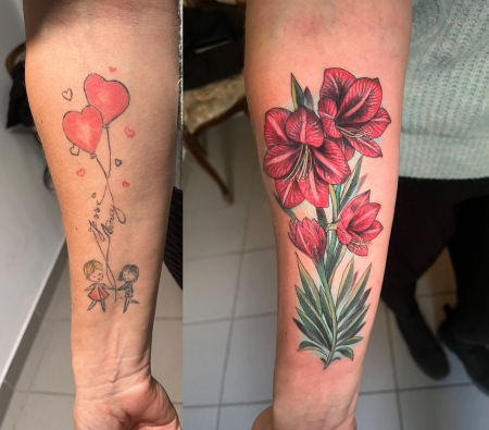 cover up berlin: Cover Up Berlin Tattoo Mänchen mit Balon zu Blume Amaryllis coverup berlin