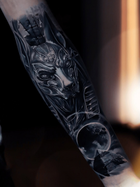 Anubis & Pyramids by Dima Polen from Katharsis Tattoo Studio