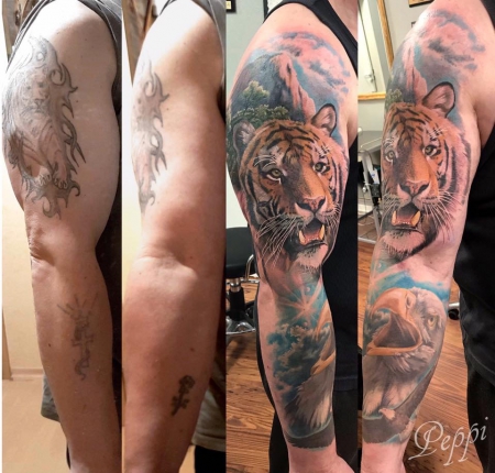 cover up-Tattoo: Arm Cover Up Tiger und Adler