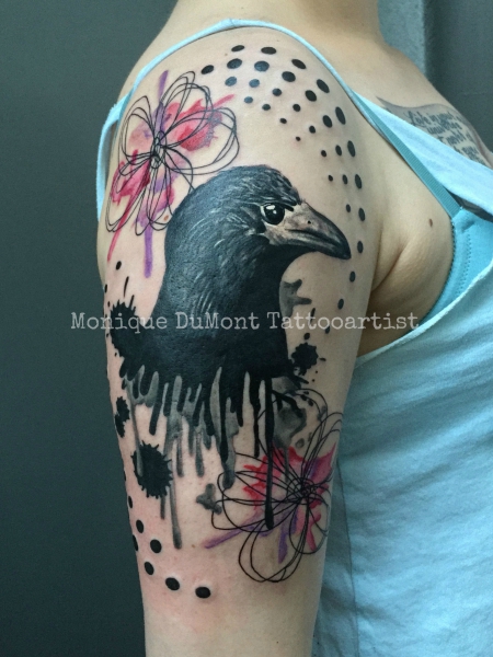 abstract raven crow scribble flower watercolor grunge halftones