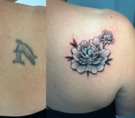 cover up berlin: Cover Up Berlin Tattoo Delfin zu Blüten coverup berlin