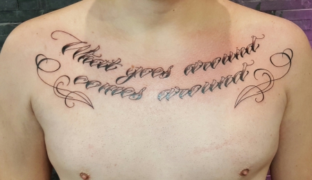 chicano-Tattoo: What goes around comes around Brust Tattoo 
